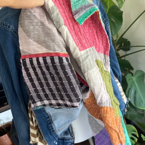 Wild Hope Upcycled Green Patterned Kantha Stretch Jean Jacket M - Picture 11 of 14